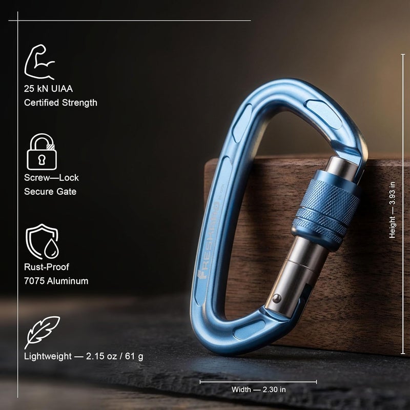 FresKaro 4inches 25kN-5621lbs Climbing Carabiners, UIAA CE Certified, Screw Lock, 7075 Aluminium, Lightweight, Rust Proof, for Mountaineering, Rappelling etc., Multi-Colors - Image 2